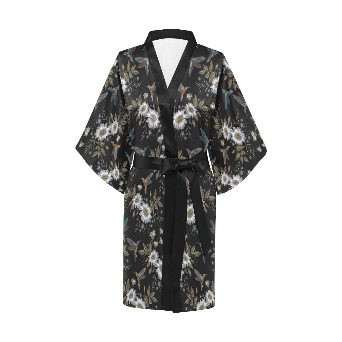 Hummingbird with Embroidery Themed Print Women Short Kimono Robe