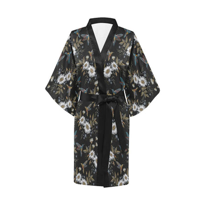 Hummingbird with Embroidery Themed Print Women Short Kimono Robe