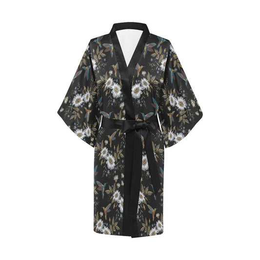 Hummingbird with Embroidery Themed Print Women Short Kimono Robe