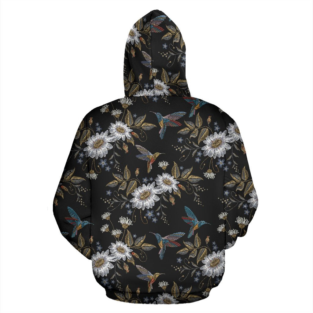 Hummingbird with Embroidery Themed Print Zip Up Hoodie