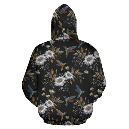 Hummingbird with Embroidery Themed Print Zip Up Hoodie