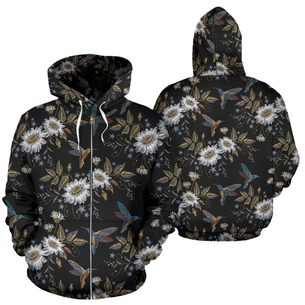 Hummingbird with Embroidery Themed Print Zip Up Hoodie