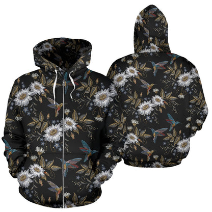 Hummingbird with Embroidery Themed Print Zip Up Hoodie