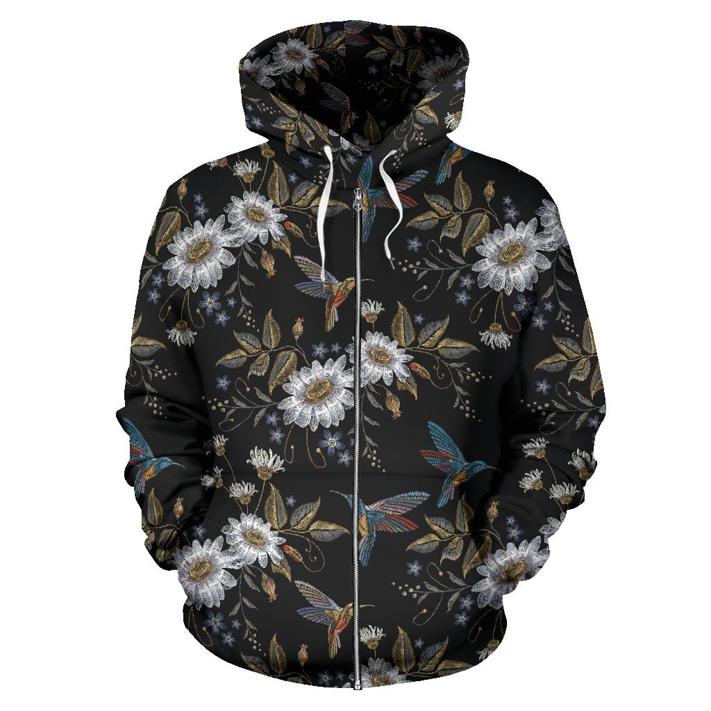 Hummingbird with Embroidery Themed Print Zip Up Hoodie