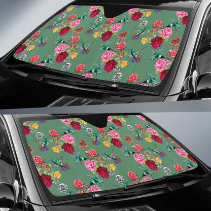 Hummingbird with Rose Themed Print Car Sun Shade For Windshield