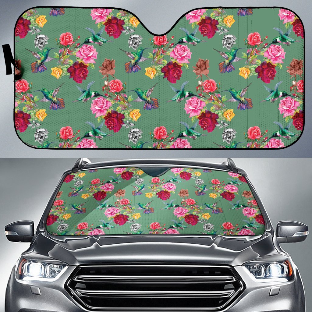 Hummingbird with Rose Themed Print Car Sun Shade For Windshield