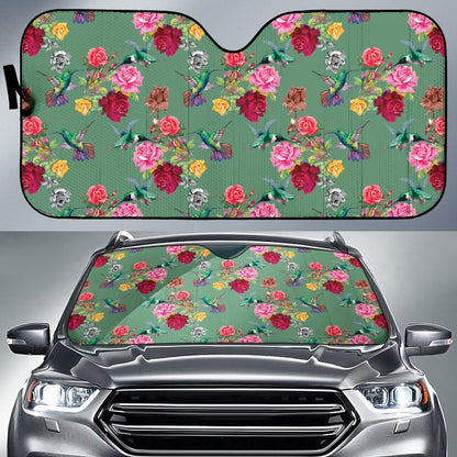 Hummingbird with Rose Themed Print Car Sun Shade For Windshield