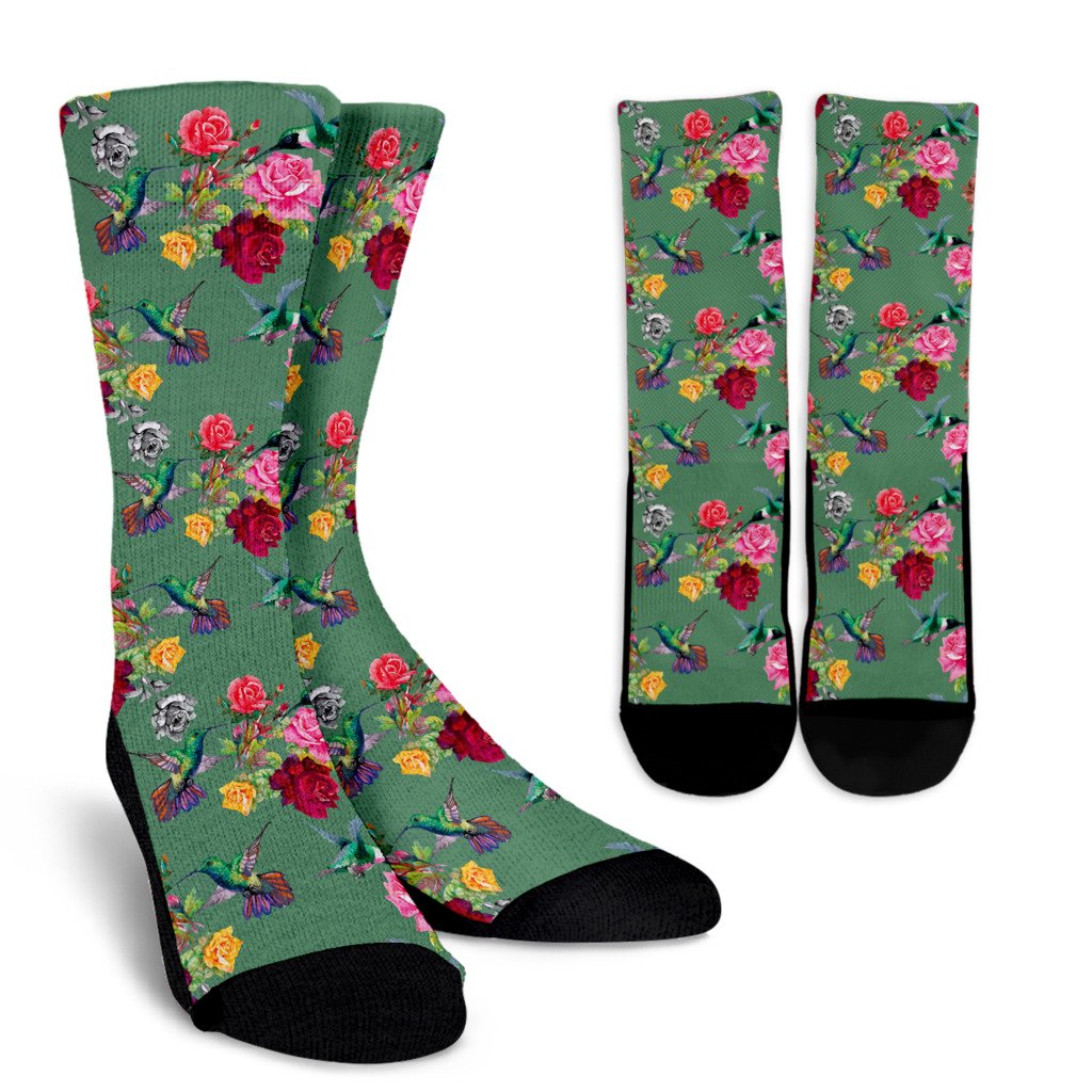 Hummingbird with Rose Themed Print Crew Socks