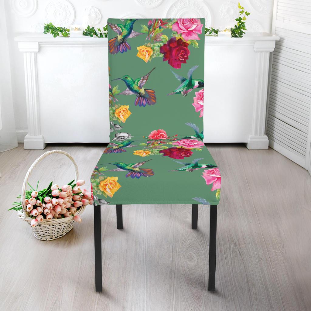 Hummingbird with Rose Themed Print Dining Chair Slipcover-JTAMIGO.COM