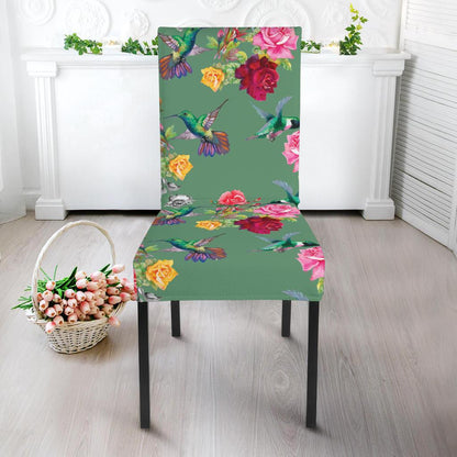 Hummingbird with Rose Themed Print Dining Chair Slipcover-JTAMIGO.COM