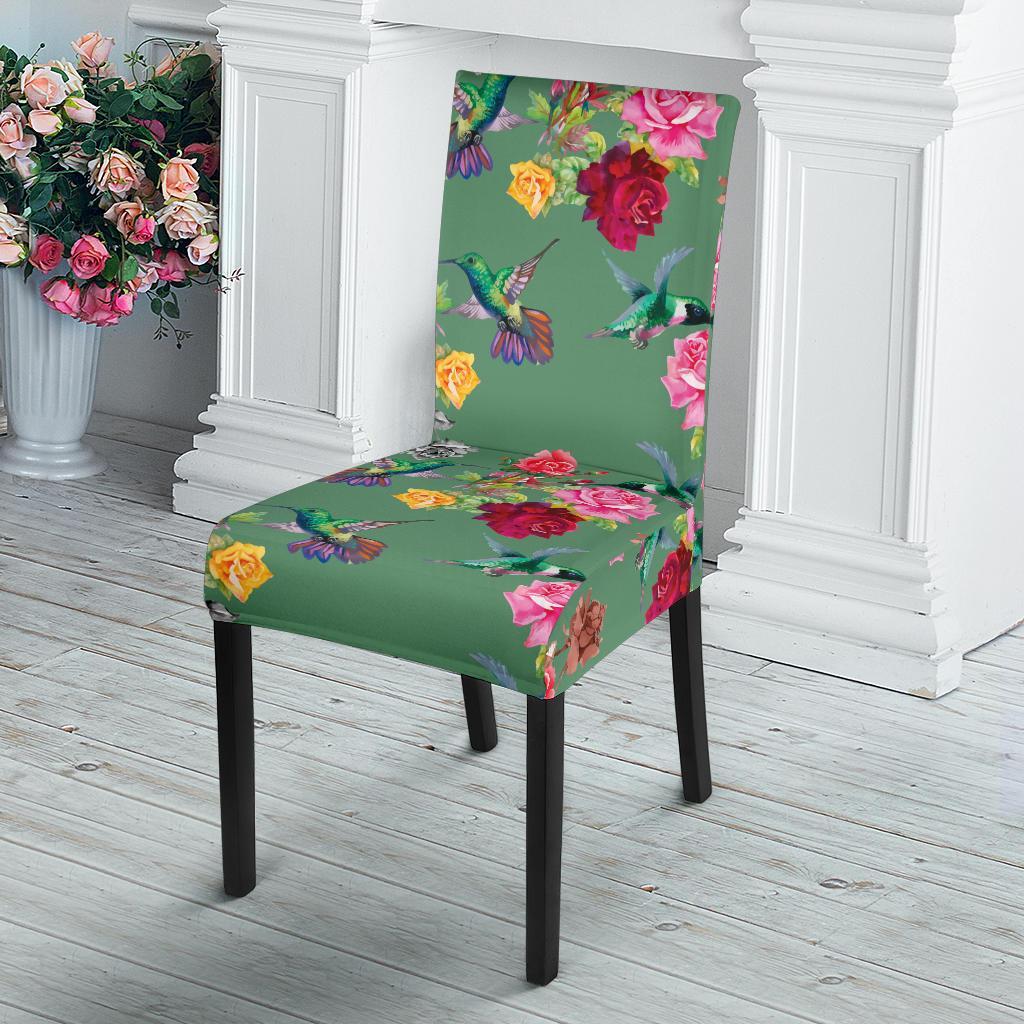Hummingbird with Rose Themed Print Dining Chair Slipcover-JTAMIGO.COM