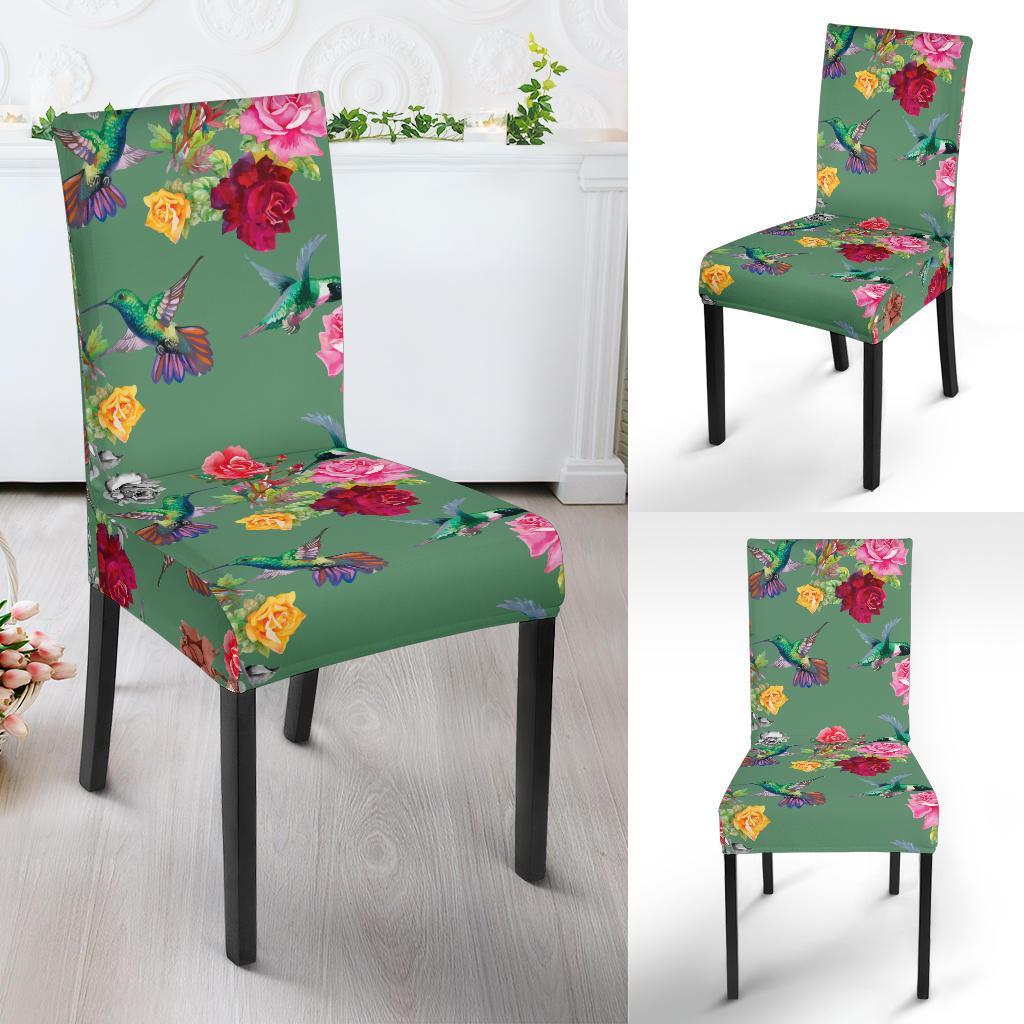 Hummingbird with Rose Themed Print Dining Chair Slipcover-JTAMIGO.COM