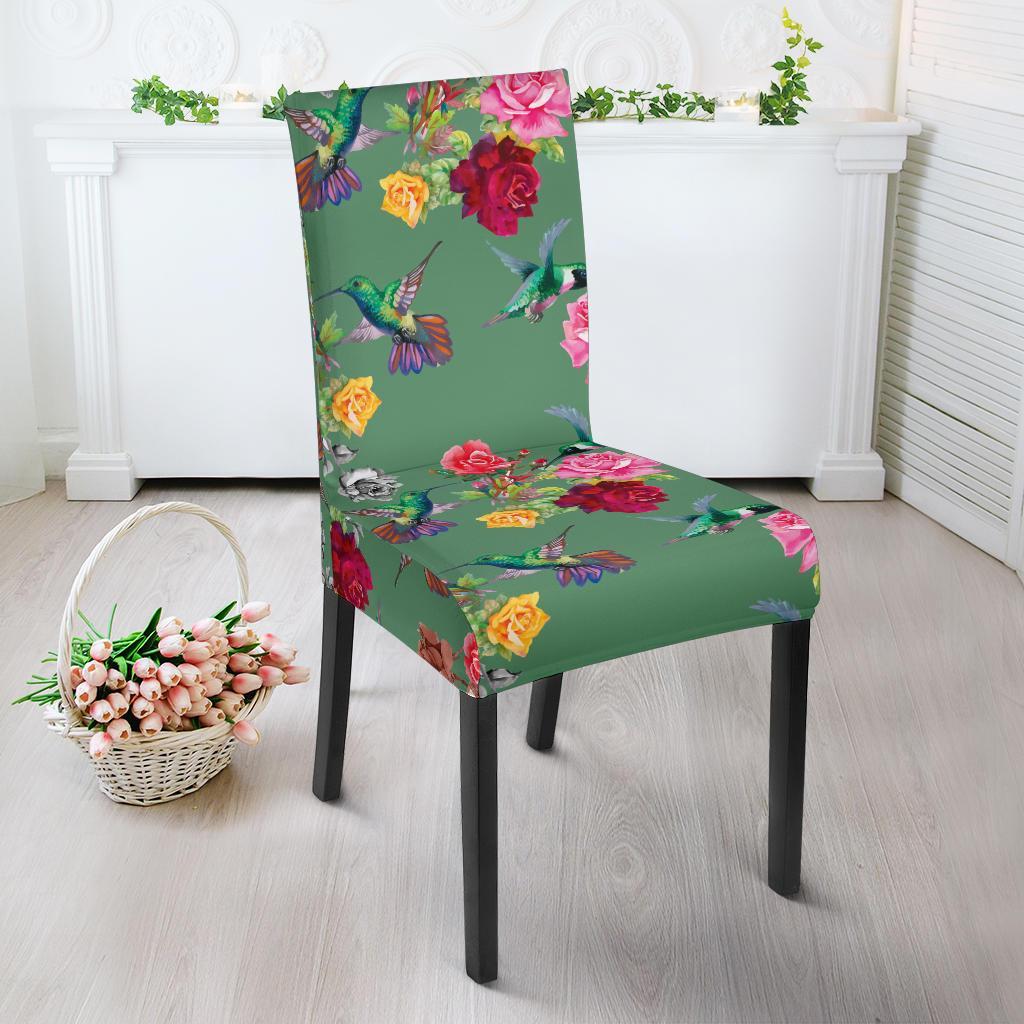 Hummingbird with Rose Themed Print Dining Chair Slipcover-JTAMIGO.COM