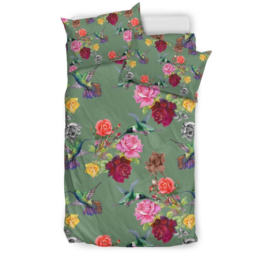 Hummingbird With Rose Themed Print Duvet Cover Bedding Set