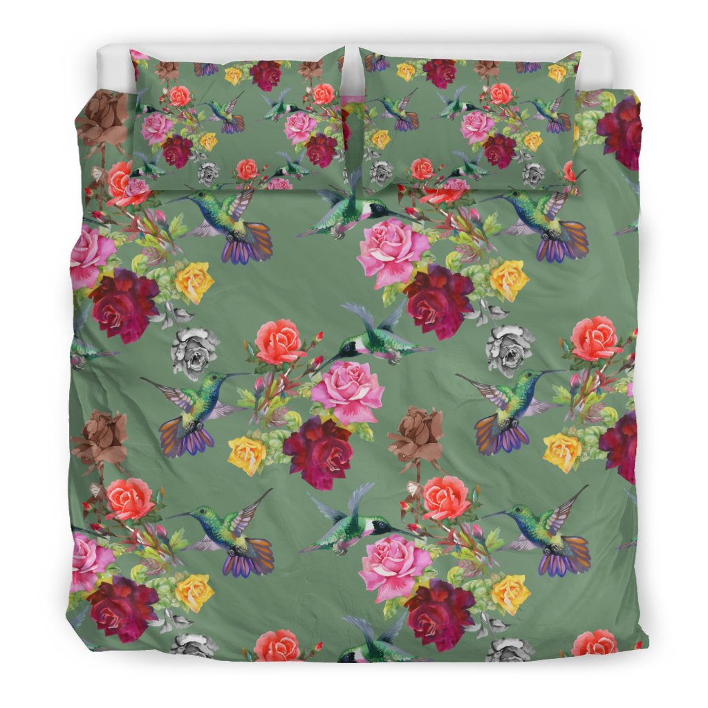 Hummingbird With Rose Themed Print Duvet Cover Bedding Set