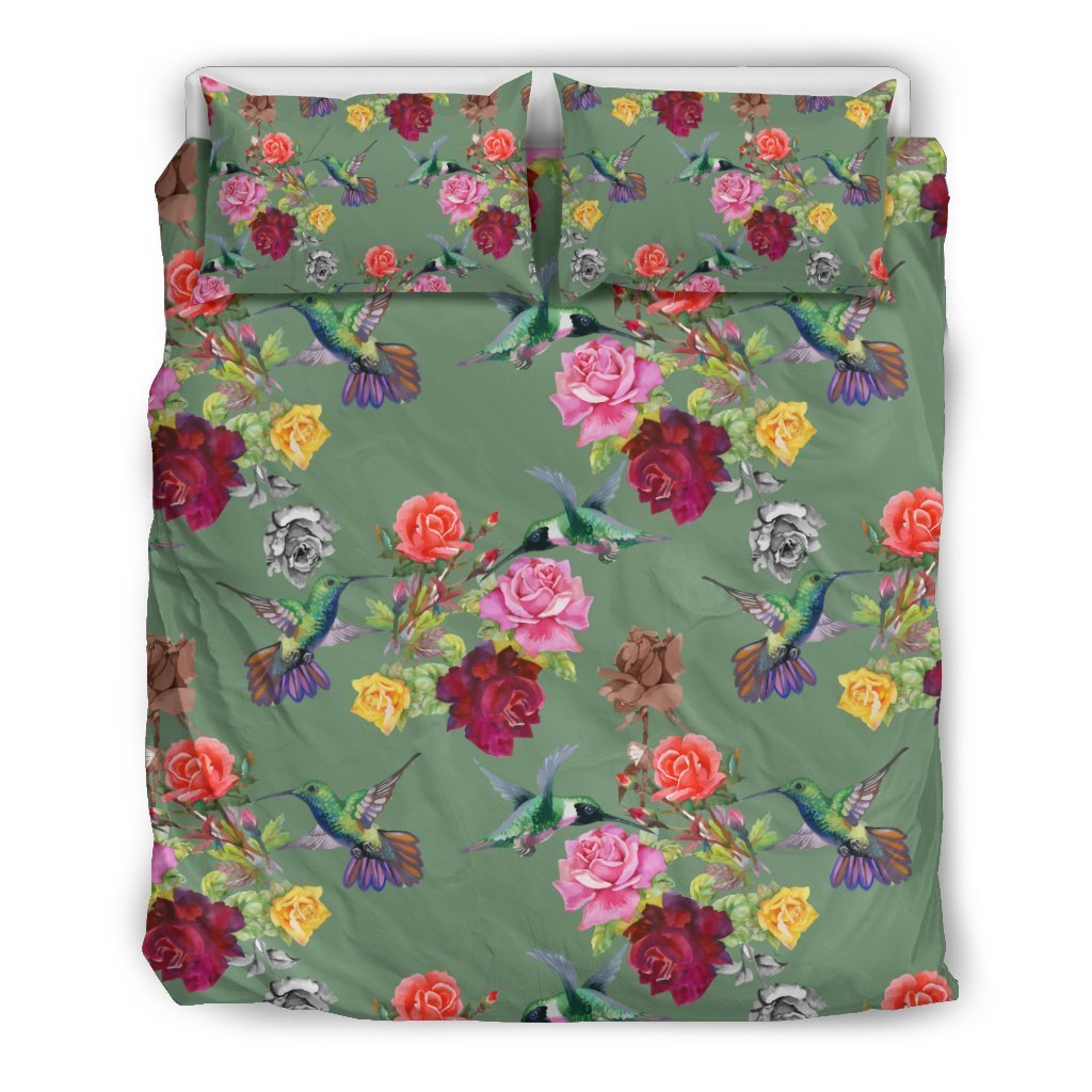 Hummingbird With Rose Themed Print Duvet Cover Bedding Set