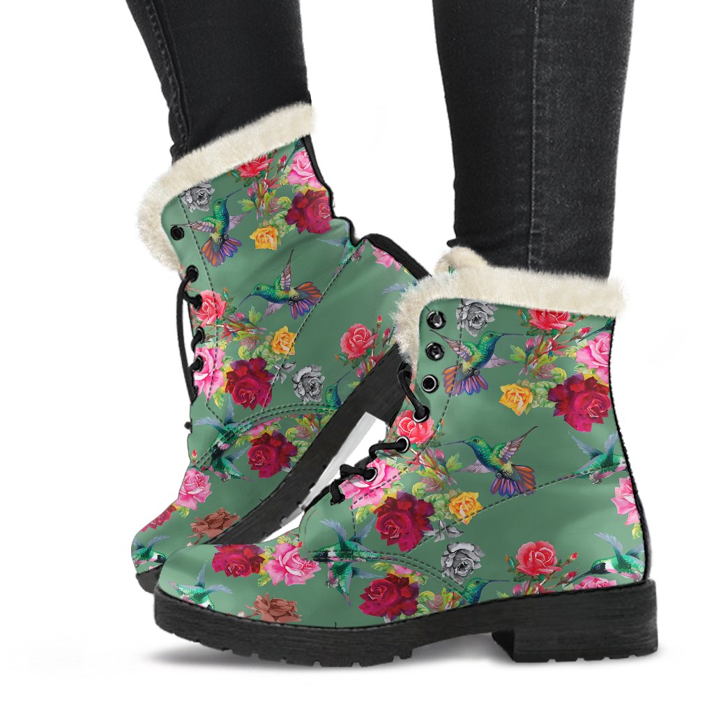 Hummingbird with Rose Themed Print Faux Fur Leather Boots-JTAMIGO.COM