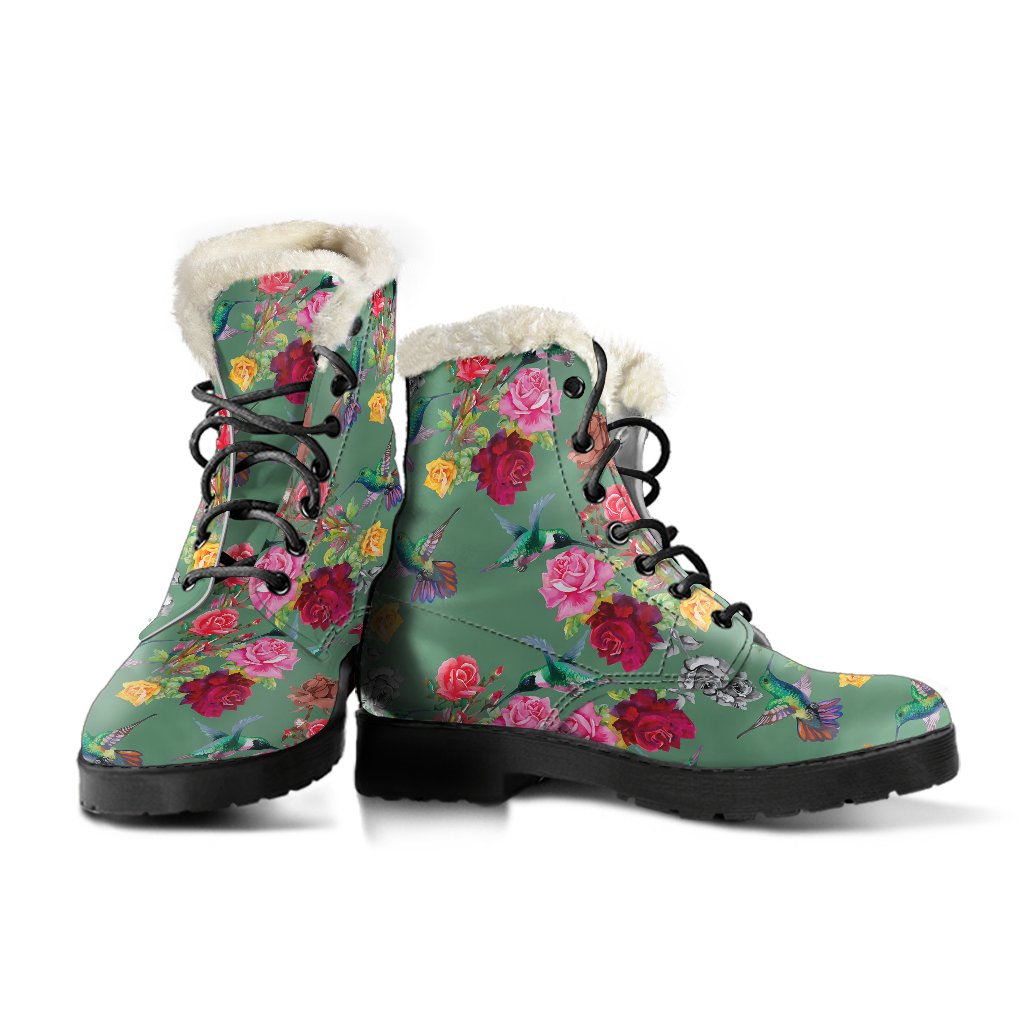Hummingbird with Rose Themed Print Faux Fur Leather Boots-JTAMIGO.COM