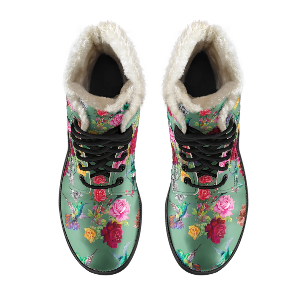 Hummingbird with Rose Themed Print Faux Fur Leather Boots-JTAMIGO.COM