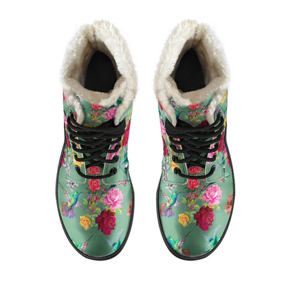 Hummingbird with Rose Themed Print Faux Fur Leather Boots-JTAMIGO.COM