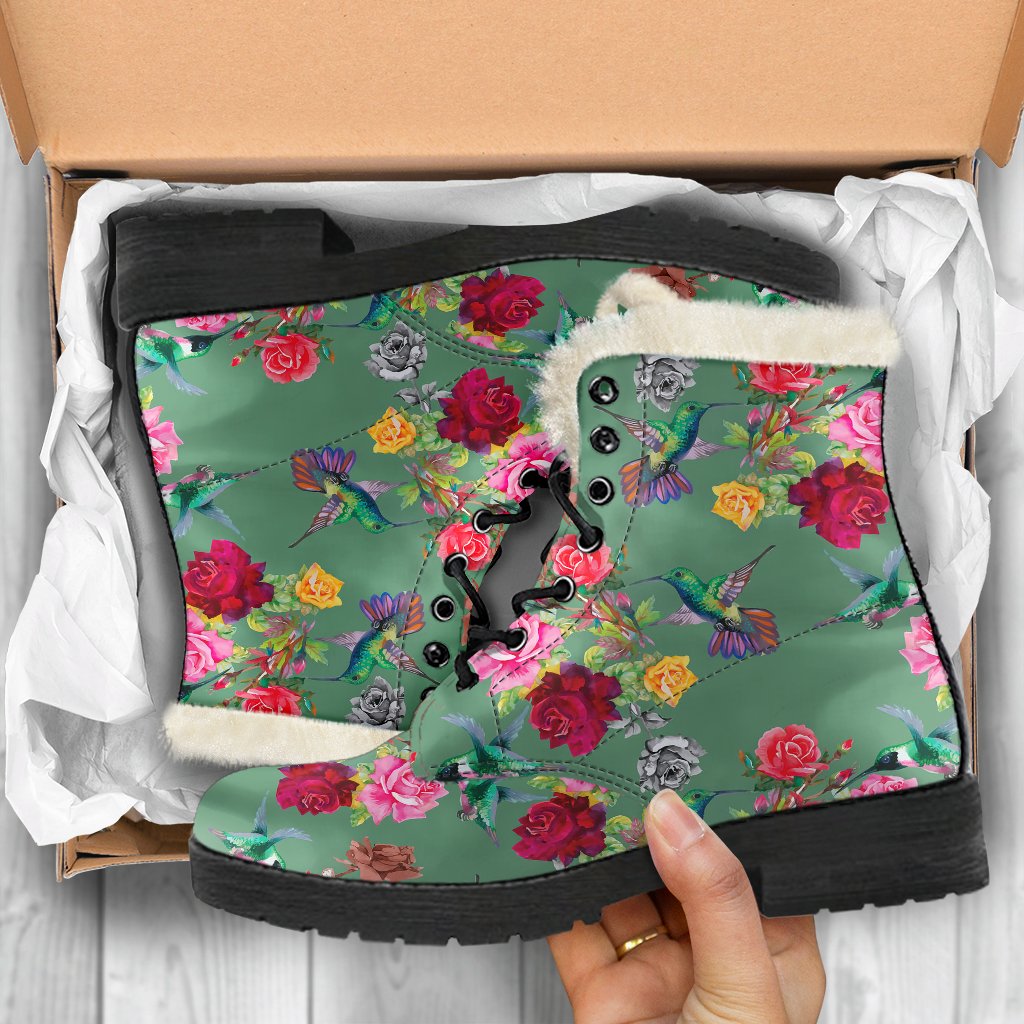 Hummingbird with Rose Themed Print Faux Fur Leather Boots-JTAMIGO.COM