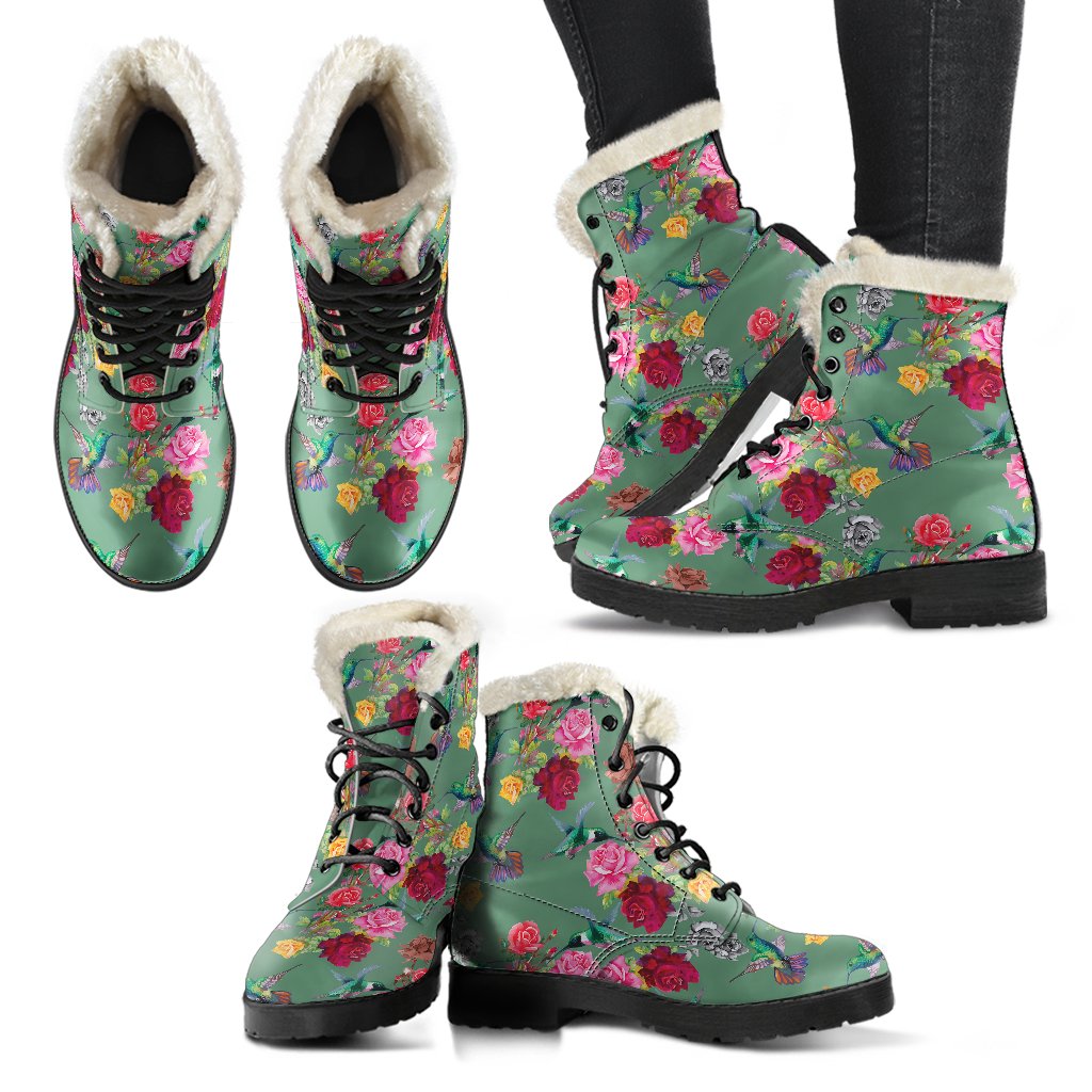Hummingbird with Rose Themed Print Faux Fur Leather Boots-JTAMIGO.COM