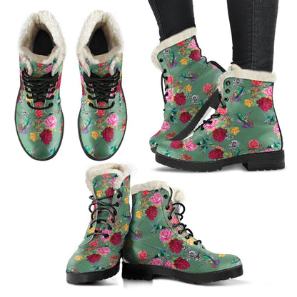 Hummingbird with Rose Themed Print Faux Fur Leather Boots-JTAMIGO.COM