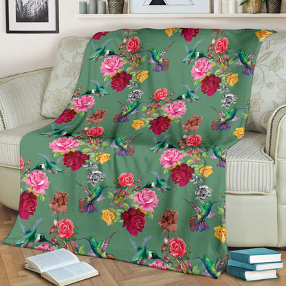Hummingbird With Rose Themed Print Fleece Blanket