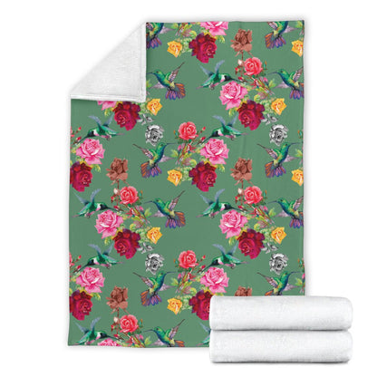 Hummingbird With Rose Themed Print Fleece Blanket