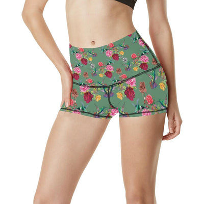 Hummingbird with Rose Themed Print High Waisted Spandex Shorts-JTAMIGO.COM