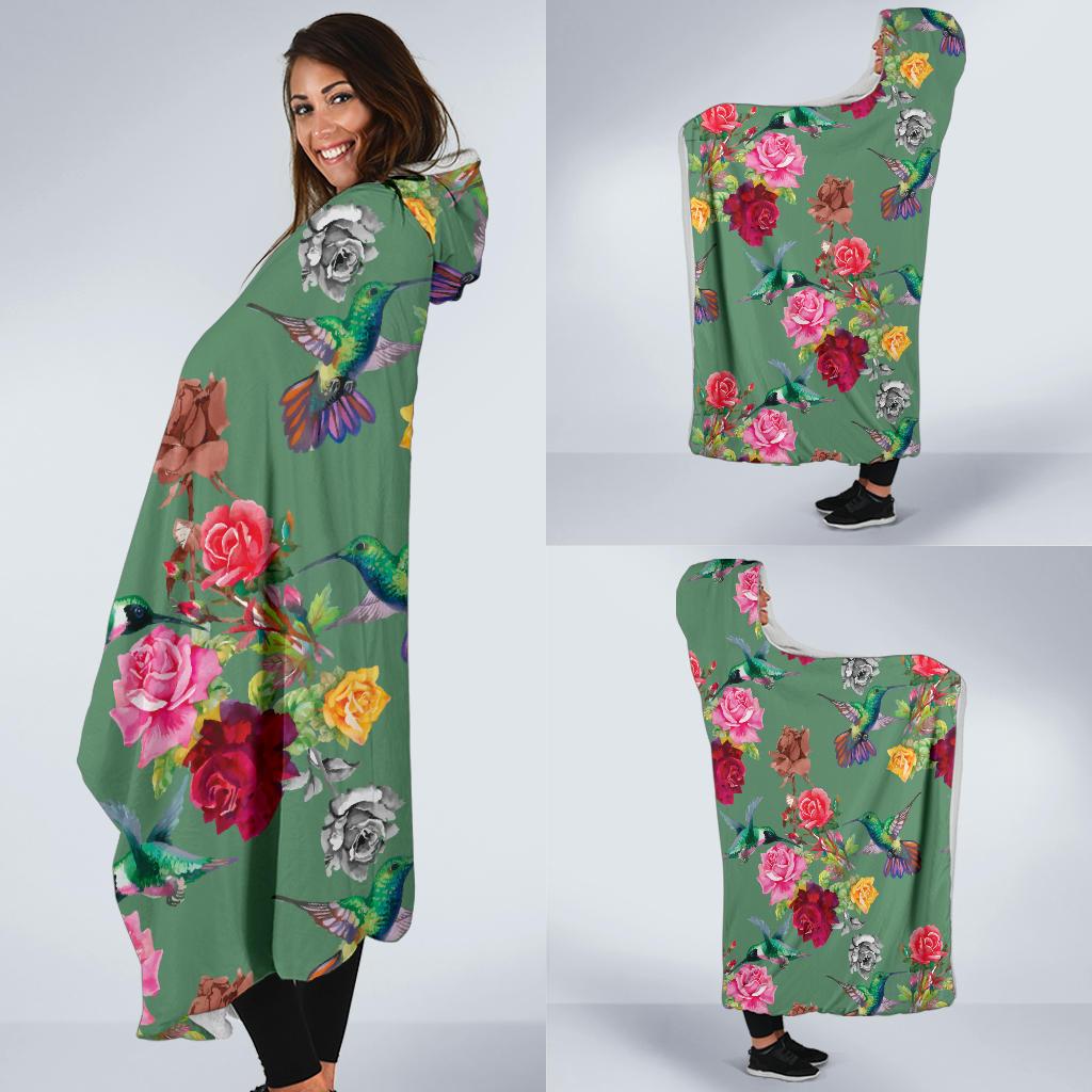 Hummingbird with Rose Themed Print Hooded Blanket-JTAMIGO.COM