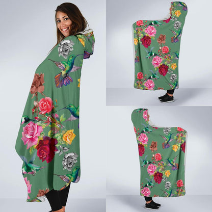 Hummingbird with Rose Themed Print Hooded Blanket-JTAMIGO.COM