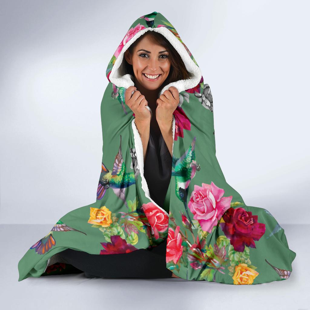 Hummingbird with Rose Themed Print Hooded Blanket-JTAMIGO.COM