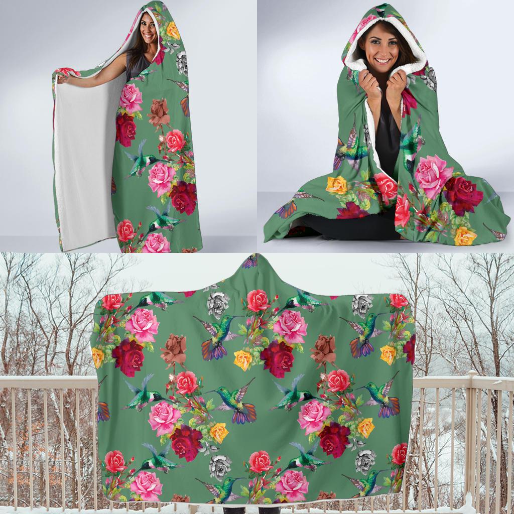 Hummingbird with Rose Themed Print Hooded Blanket-JTAMIGO.COM