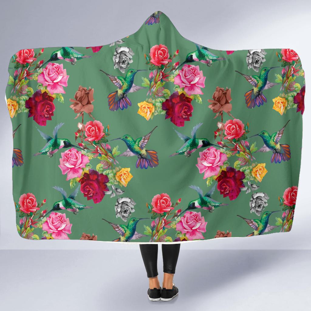 Hummingbird with Rose Themed Print Hooded Blanket-JTAMIGO.COM