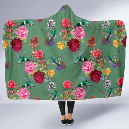 Hummingbird with Rose Themed Print Hooded Blanket-JTAMIGO.COM