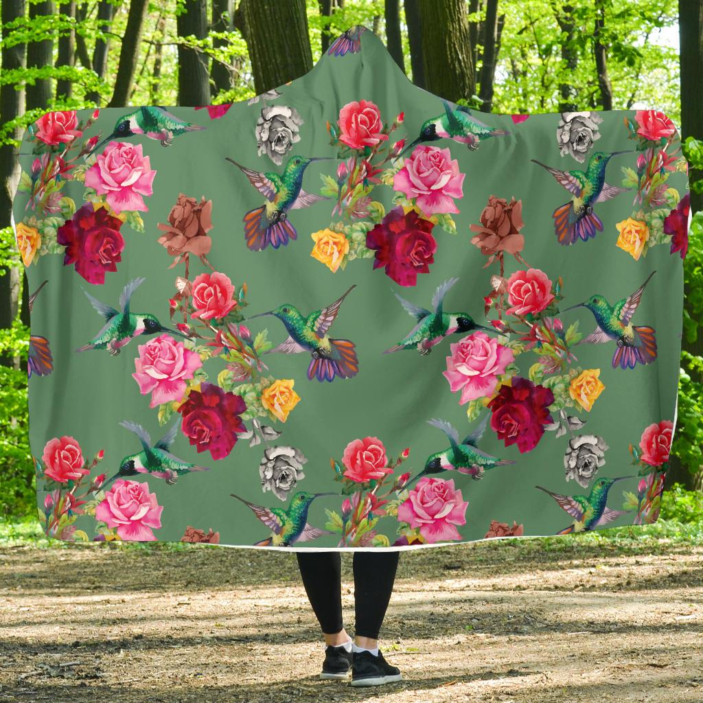 Hummingbird with Rose Themed Print Hooded Blanket-JTAMIGO.COM