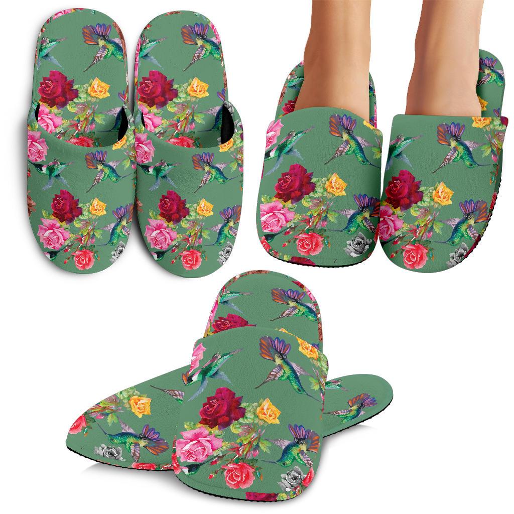 Hummingbird with Rose Themed Print House Slippers