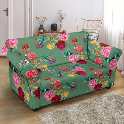 Hummingbird with Rose Themed Print Loveseat Slipcover-JTAMIGO.COM