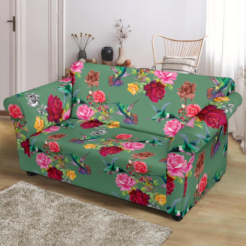 Hummingbird with Rose Themed Print Loveseat Slipcover-JTAMIGO.COM