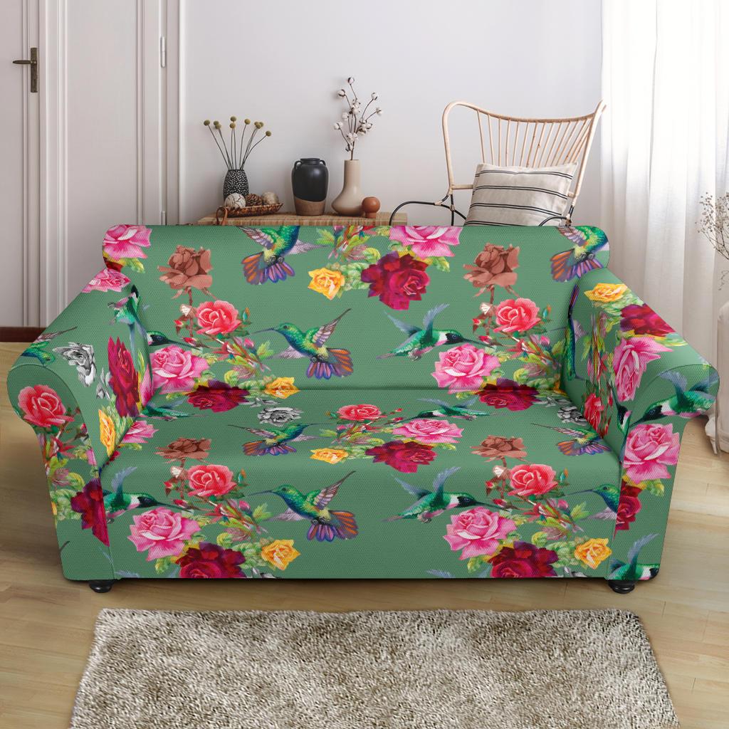 Hummingbird with Rose Themed Print Loveseat Slipcover-JTAMIGO.COM