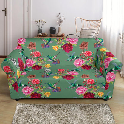 Hummingbird with Rose Themed Print Loveseat Slipcover-JTAMIGO.COM