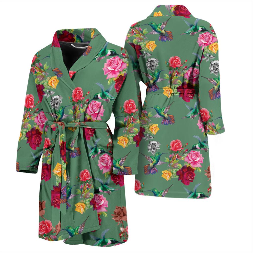 Hummingbird with Rose Themed Print Men Bath Robe-JTAMIGO.COM