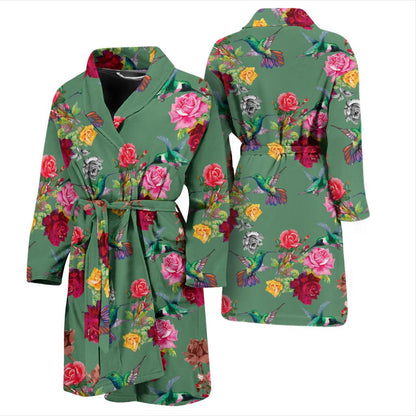 Hummingbird with Rose Themed Print Men Bath Robe-JTAMIGO.COM