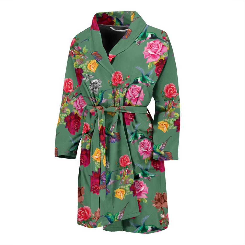 Hummingbird with Rose Themed Print Men Bath Robe-JTAMIGO.COM
