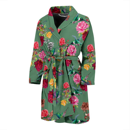 Hummingbird with Rose Themed Print Men Bath Robe-JTAMIGO.COM