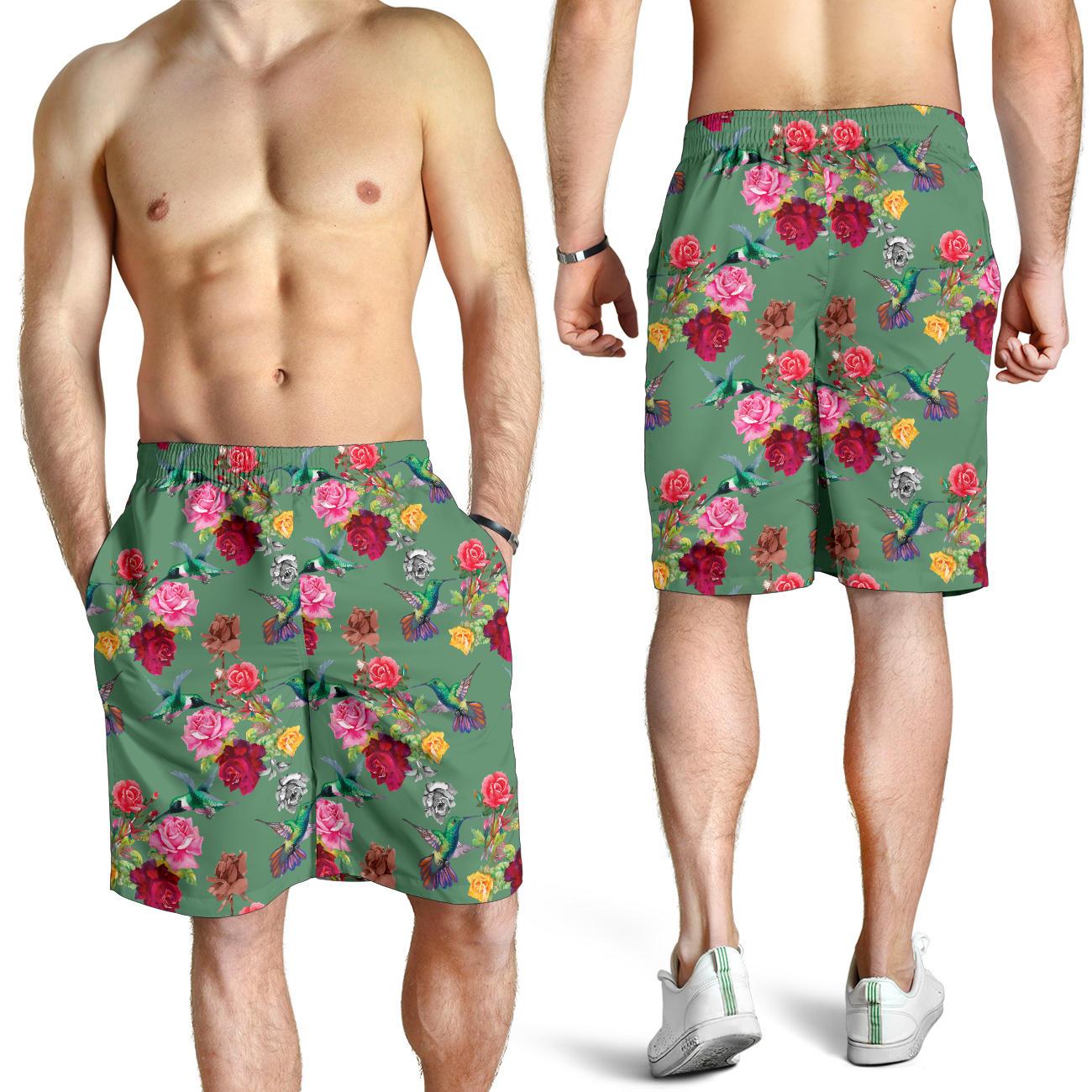 Hummingbird with Rose Themed Print Mens Shorts-JTAMIGO.COM