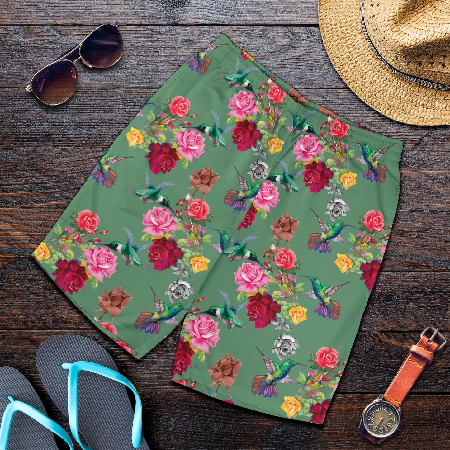 Hummingbird with Rose Themed Print Mens Shorts-JTAMIGO.COM