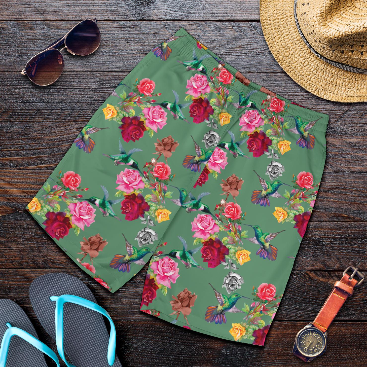 Hummingbird with Rose Themed Print Mens Shorts-JTAMIGO.COM