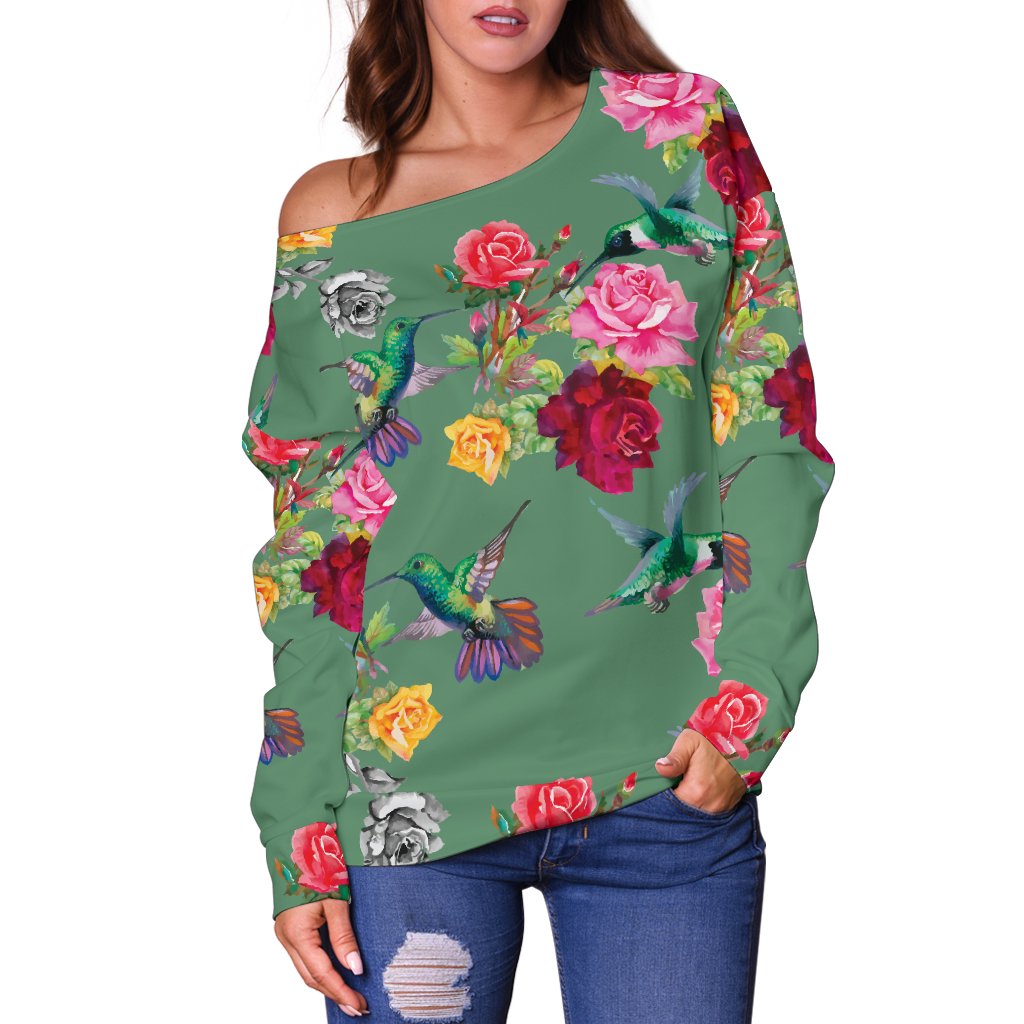 Hummingbird With Rose Themed Print Off Shoulder Sweatshirt